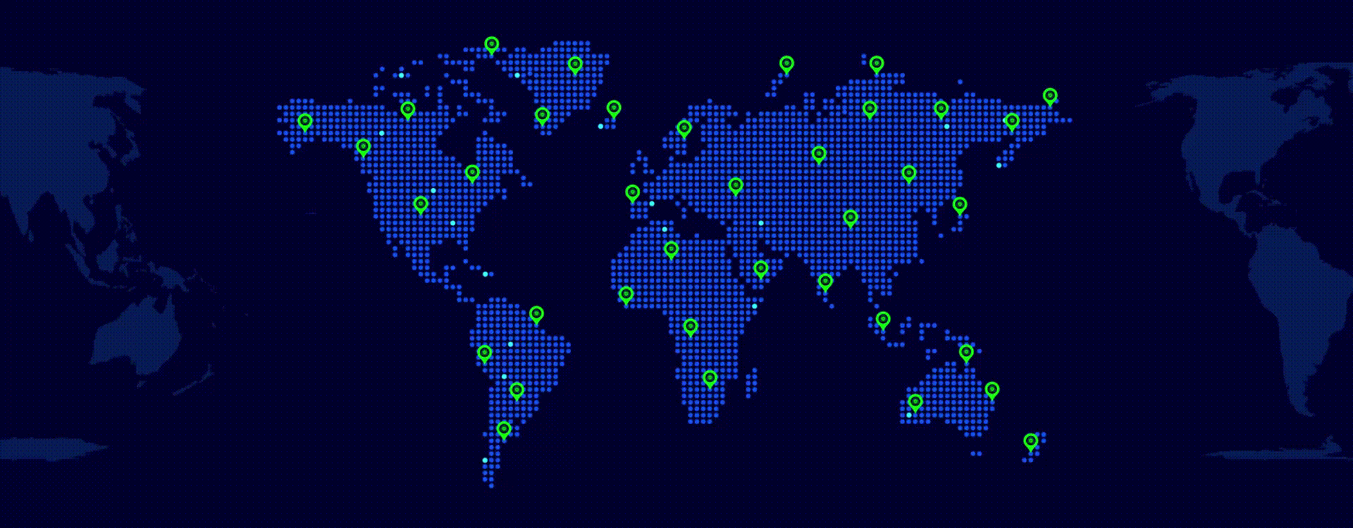 A fictional world map with blue dots and bright green spy markers