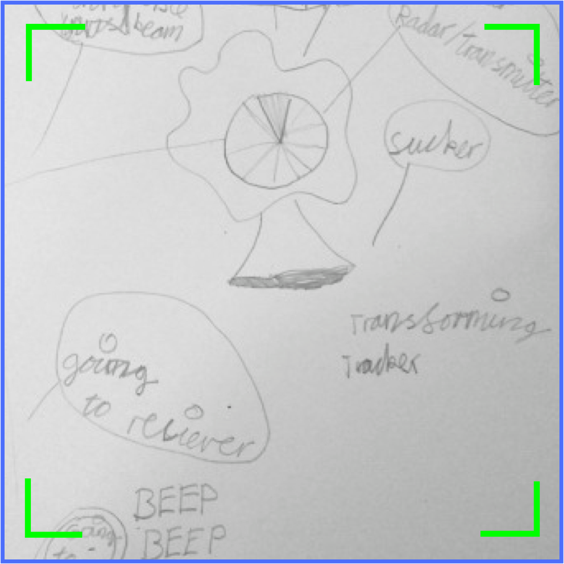 An agent’s drawing of a transforming tracker with a solar panel, radio and suction cup